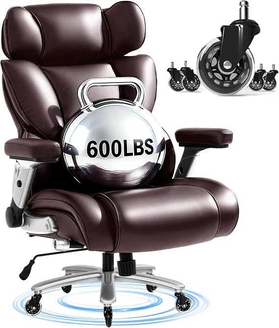 FLEXISPOT 600lbs Big and Tall Office Chair for Heavy People, Heavy Duty Computer Desk Chair with Dynamic Lumbar Support 2D Armrest Blade Wheels, Chairs for Home Office Gaming Working, Leather, Brown