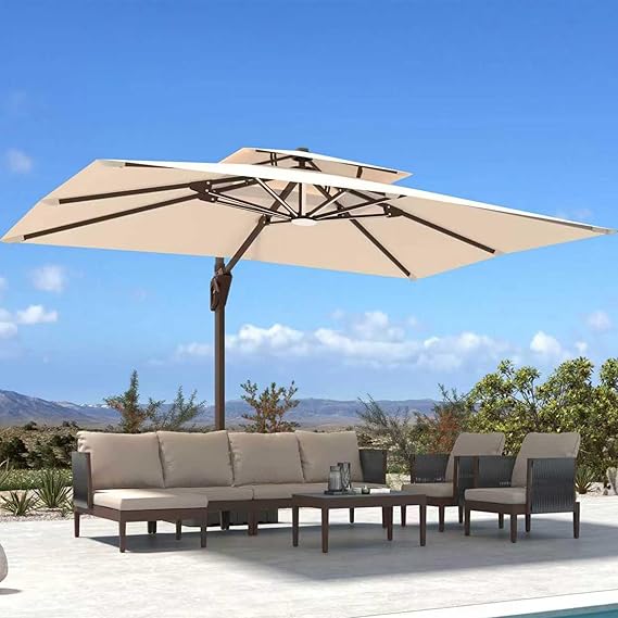 Deconk 10' X 13' Patio Cantilever Outdoor Umbrella with Base and LED Lights