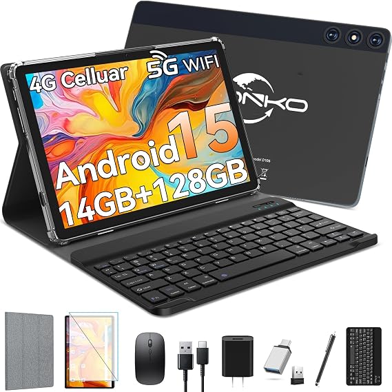 Android 15 Tablet,128GB ROM 14GB RAM,10inch 4G Phone Tablet,5G WiFi+Cellular, Octa-Core, Dual Camera, GPS, BT 5.0,1TB Expand,FHD IPS,Incell Touch Screen,8000mAh, Face Unlock,Tablet with Keyboard