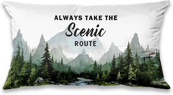 Camping Forest Scenic Mountain Nature Throw Pillow Cover 12x20,Always Take The Scenic Route Forest Green Camping Pillow Cases Decorative for Home Decor,Rv Pillows Cover,Camper Lover Gifts