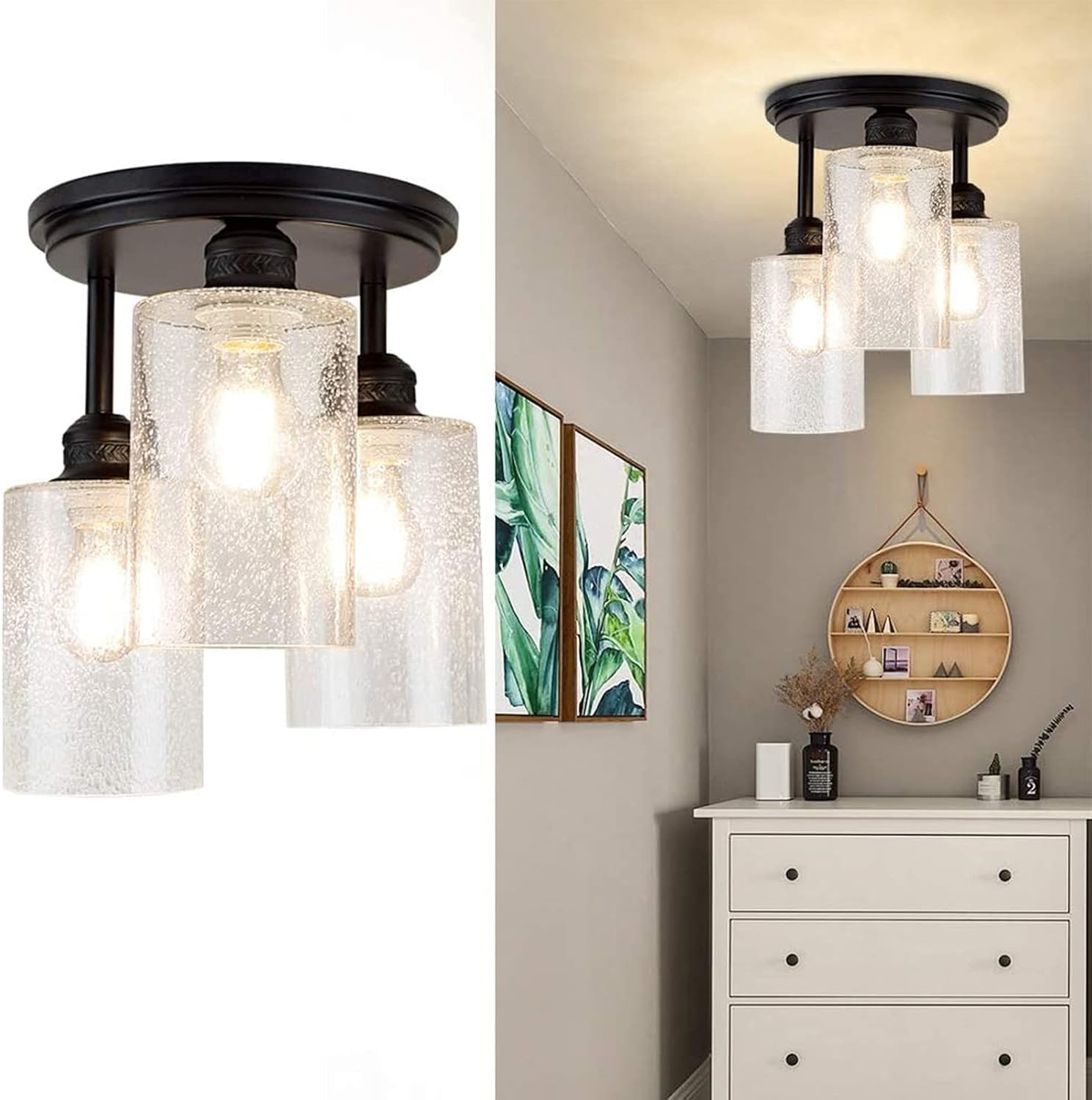 DLLT Semi Flush Mount Ceiling Light Farmhouse, Seeded Glass Chandelier Ceiling Light Fixture with 3-Light for Dining Room, Hallway, Kitchen, Bedroom, Entryway, E26 Base Black