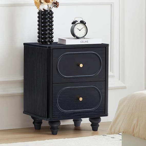 2 Drawer Fluted Nightstand, Mid Century Modern Farmhouse Night Stand Small End Table Bedside Table for Bedroom, Living Room, Black