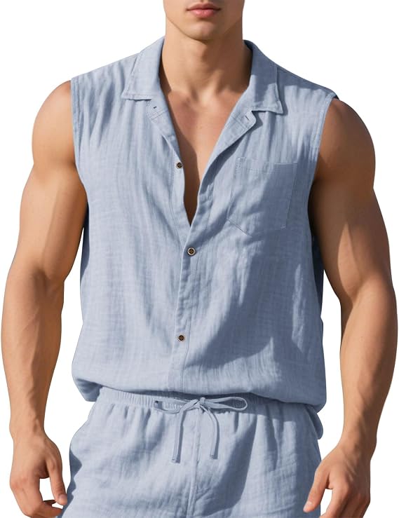 Basic Linen Sleeveless Shirts for Men Button Down Beach Tank Top Lightweight Solid Shirt Vest with Pocket