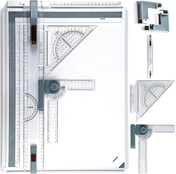 A3 Portable Drawing Table Board with Clear Centimeter Rule Parallel Motion and Angle Adjustable Measuring System, Multi-Function Drawing Board Drafting Table for Engineering Students