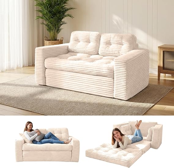 2-in-1 Convertible Sofa Bed, Grey Corded Fabric Loveseat Futon with High-Density Foam, Folding Floor Couch for Small Spaces (White)