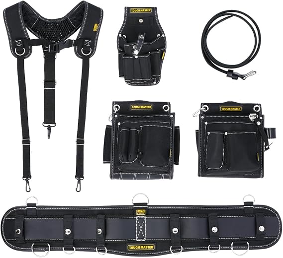 TOUGH MASTER Premium Tool Belt with Suspenders Drill Holster & Leather Work Belt, Professional Quality, Durable, Removable Multi-Pocket Pouches, Padded Belt with Massage Foam Support for Carpenters