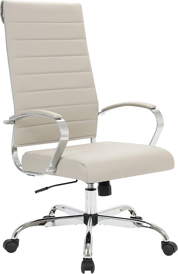 LeisureMod Benmar Modern High-Back Office Chair, 360-degree Adjustable Swivel Task Furniture in Leather Upholstery with Ribbed Backrest for Home and Office