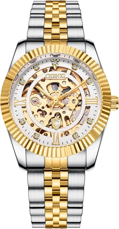 Skeleton Gold Watch for Men Automatic Luxury Diamond Accent Mechanical Wrist Watch Business Stainless Steel Waterproof Attractive Wrist Watch
