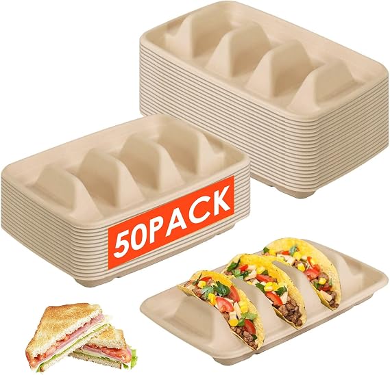 50 Pcs Disposable Taco Holder Bagasse Pulp Fiber Taco Plates