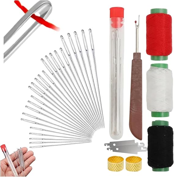 Whimsyard Sewing Kit, Big Eye Steel Sewing Needles Kit, Sewing Kit for Beginners, 34Pcs Big Eye Steel Needles Set - Long & Thin Handmade Quilting & Sewing Needles Kit for DIY Sewing (1 Set)