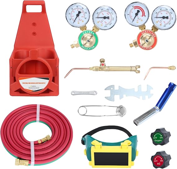 30V Portable Acetylene Welding Cutting Torch Kit | Oxy Acetylene Torch Kit | Medium Duty Gas Welding Outfit Tote Kit without Tanks | Long Pipe, Gauge, Portable