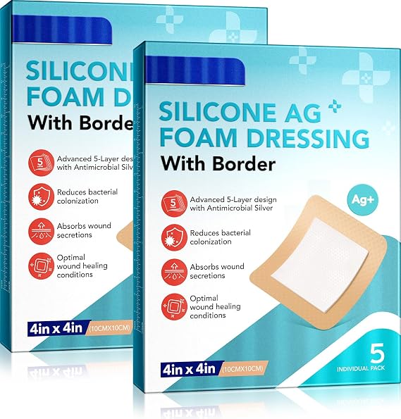 2PCS Silicone Foam Dressing, Wound Dressing Pads Various - 10 Packs for Protection from Infection, Hypoallergenic, Breathable, Absorbent for Cuts, Grazes, Ulcers, Sores, 10cm x 10cm