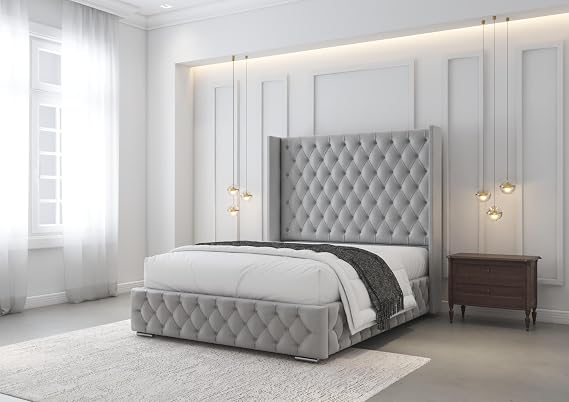 54” Full Double Chesterfield Wingback Double Bed Frame | Upholstered in Plush Velvet |Mattress & Ottoman Gas Lift Storage | ALL UK Sizes (Steel (With Mattress), Swatch)