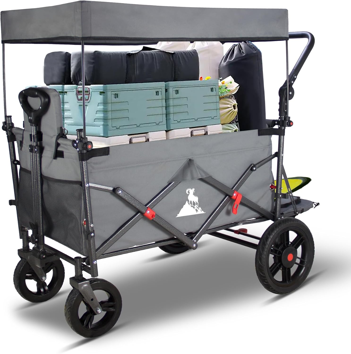 Folding Wagon with 2 Foldable Seats, 120kg180L Capacity Portable Camping Cart - Collapsible Trolley with Quick-Release Wheels, Adjustable Handle, Foldable Pull-Along Wagon for Outdoor Grey
