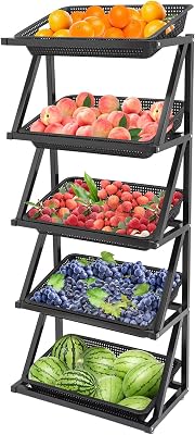 5 Tiers Floor Mount Retail Display Rack,4.6 ft Fruit Vegetable Basket Stand,Market Shelf for Supermarkets Snacks Stores Convenience Stores Black
