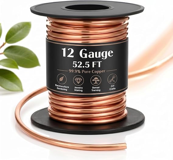 Therwen 52.5ft 12 Gauge Copper Wire for Gardening Plants, Electroculture Jewelry Making DIY Beading Craft Bendable Solid Bare Pure Copper Wire