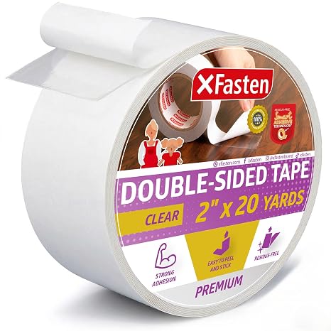 XFasten Clear Double Sided Sticky Tape, Removable, 2-Inches x 20-Yards, Single Roll Ideal as an Anti-Scratch Cat Training Tape, Holding Carpets, and Woodworking