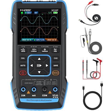FNIRSI 2C23T 3-in-1 10MHz Oscilloscope Multimeter DDS Signal Generator | 2CH Handheld Oscilloscope, 50MSa/s Sampling, 9999 Counts TRMS Multimeter, Auto Measurement for Automotive & DIY Electronics