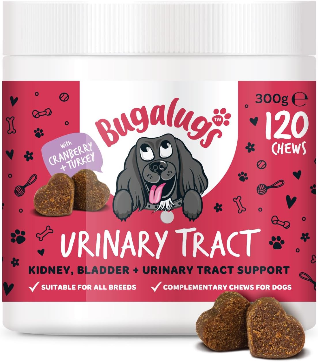 Bugalugs Urinary Tract Dog Chews helps stop dogs urinating in house & dog incontinence. supports UTI, Bladder & Kidney with Cranberry, D-Mannose & Marshmallow root. Grain free dog treats -120 chews