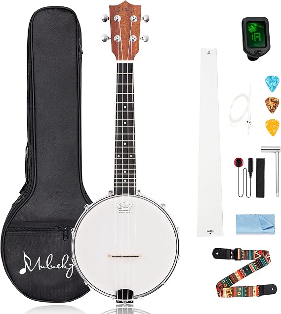 Mulucky 4-String Banjo Ukulele | Banjolele 23" Sapele Wood with Remo Head & Nylon Strings | Dark Brown Travel Kit (Bag, Tuner, Picks) - BU806