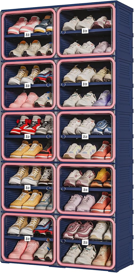 Vipbox Foldable Shoe Rack Organizer with 10-Tier Storage, Easy No-Tool Assembly Shoe Cabinet with Magnetic Clear Doors, Large Capacity 40 Pairs Collapsible Shoe Storage for Entryway, Bedroom, Hot Pink