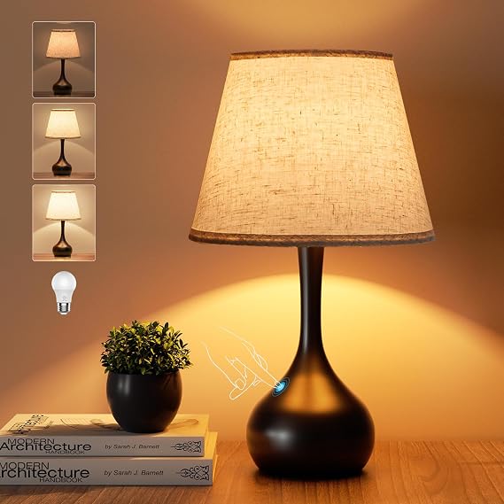 ONEWISH Touch Bedside Lamp for Bedroom, 3-Way Dimmable Farmhouse Table Lamps for Nightstand with Fabric Shade, 17.32'' Desk Lamp for Kids Reading, Home Office