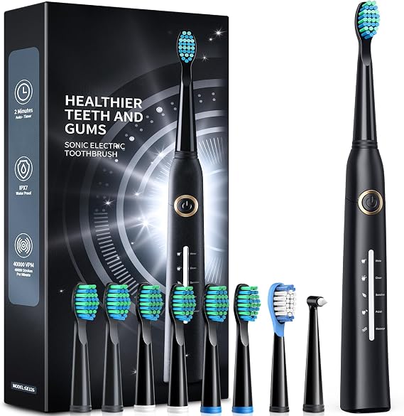 Electric Toothbrush, Sonic Toothbrushes with 8 Brush Heads 40000 VPM 5 Modes, Sonic Toothbrushes Fast Charge 4 Hours Last 30 Days (Black)