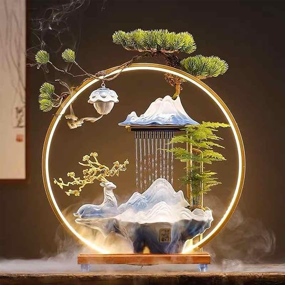 Tabletop Fountain Decorative Ornament Deer Tabletop Water Fountains with LED Light Ring Indoor water fountains with Backflow Incense Burner Zen Meditation Indoor Waterfall fountain with Fake Plants.(S