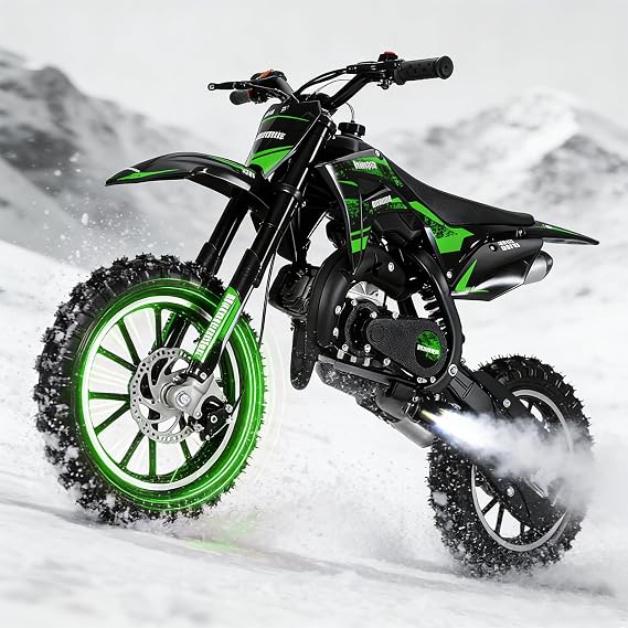 49cc Kids Dirt Bike, Gas Powered Mini Motorcycle, 2 Stroke Dirtbike for Kids 8-14,Pull Start, 10 Inch Off Road Tires, Front Rear Disc Brakes, Up to 25 Mph, 330 Lb Load (Green)