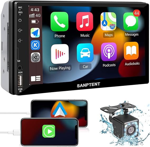 Double Din Car Stereo with 7 Inch Touchscreen, Radio Audio Receiver, Compatible with Wired Apple CarPlay & Android Auto, Mirror Link Support, Bluetooth Hands-Free, Backup Camera, FM/USB/TF/AUX, 12V