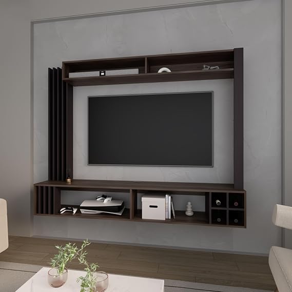 Wall Mount TV Stand with Storage Shelves: Modern Wood Entertainment Center for Urban Apartments - Open Storage for Gaming Devices & Books in Deep Brown
