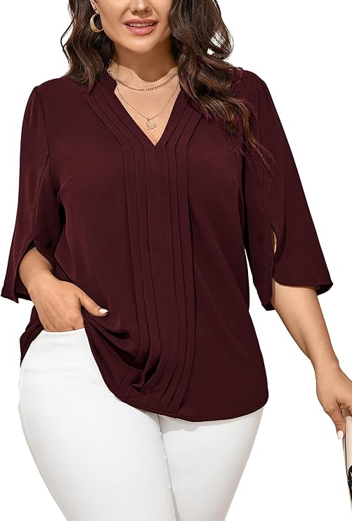SCOMCHIC Women's Plus Size Blouses 3/4 Sleeve V Neck Pleated Shirts