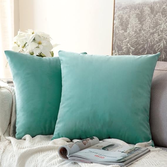 MIULEE Velvet Throw Pillow Covers 20x20 Inch, Pack of 2 - Aqua Green, Soft Solid Decorative Pillow Covers Cushion Cases Modern Luxury Home Decor for Spring Couch Sofa Bedroom Livingroom