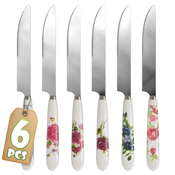 Butter Knife Set of 6, 7.87", Floral Ceramic Handle, Stainless Steel Blade | Small Butter Knives for Tea Parties; Dishwasher Safe; Serrated Blades; Polished, for Kitchens, Restaurants, and Parties