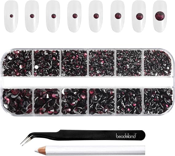 Beadsland Rhinestones for Makeup,8 Sizes 2500pcs Burgundy Flatback Rhinestones Face Gems for Nails Crafts with Tweezers and Wax Pencil,Amethyst,SS4-SS30