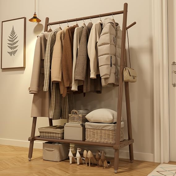 AQIMUELE Clothes Rail, Clothes Rack with Shelf and Hook, Sturdy and Portable, Garment Rack for Hanging Clothes, Coats, Skirts, Shoes, Bags for Bedroom Entryway, Easy to Assemble (Walnut - Portable)