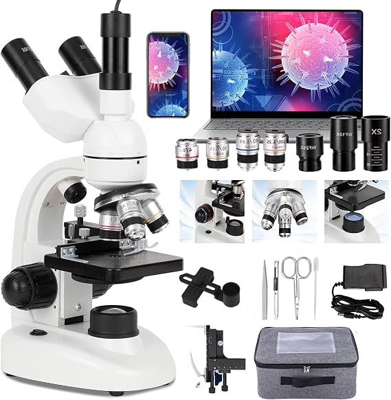 Trinocular Microscope 40x-5000x, Research Grade Trinocular Comp W/Electronic Eyepiece/360° Rotation/Mechanical Stage, Ultra-Precise Focusing,For Students Adults Gifts,White