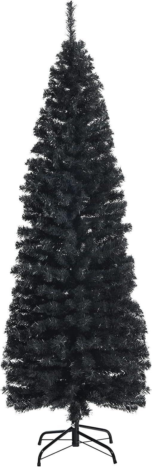 COSTWAY 6FT Snow Flocked Pencil Slim Christmas Tree, Artificial Hinged Xmas Tree with Metal Stand, Realistic 520 Branch Tips, Tall Unlit Christmas Tree for Indoor Home Office Holiday Decor, Black