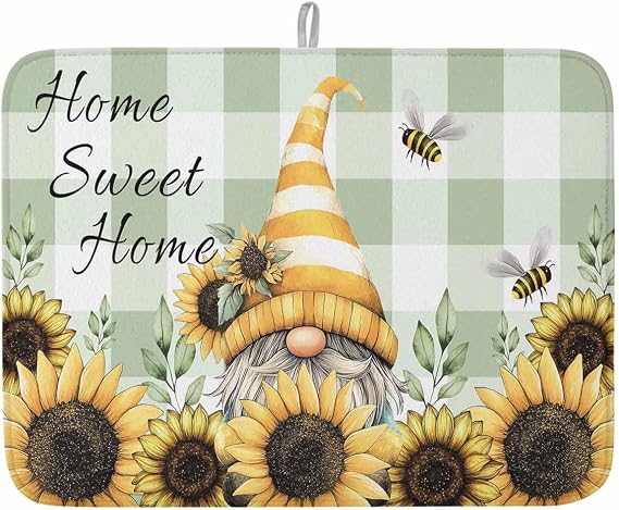 Dish Drying Mat for Kitchen, Farmhouse Dwarf Sunflower Bee Green Buffalo Plaid Absorbent Kitchen Counter Mat, Dish Drying Pad for Dishes, Utensils, Pots and Camping, 18"x24"(1 Panel)