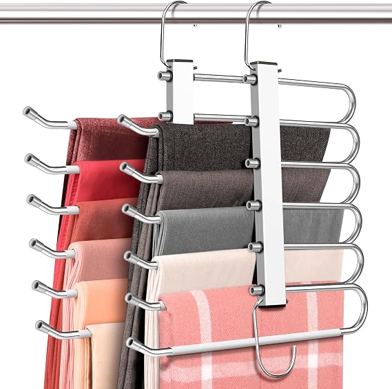 6 Pack 6 Tier Pant Hangers Space Saving - 2 Pack Black & 4 Pack White, Free-Installation HUITEM Multifunctional Pants Rack, Upgraded Pants Organizer & Jean Hangers Suit for Trousers Scarf Slack