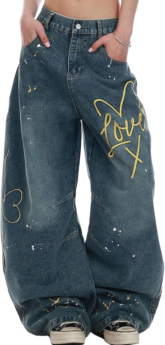 Fashion Vintage Wide Leg High Waisted Jeans Y2K Casual Cute Embroidered Graffiti Baggy Denim Pants