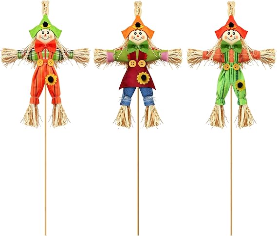 3pcs 30cm Scarecrow Ornaments Halloween Scarecrow Decor Cute Autumn Garden Standing Scarecrow Fall Scarecrows Statue for Halloween Harvest Decorations, Garden Ornaments Outdoor, Autumn Decor