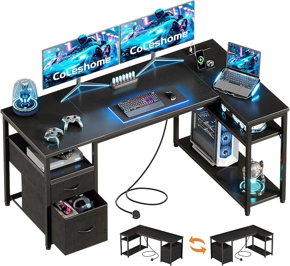 Coleshome Corner Computer Desk with Drawers and Shelves, 140×80 cm, Black