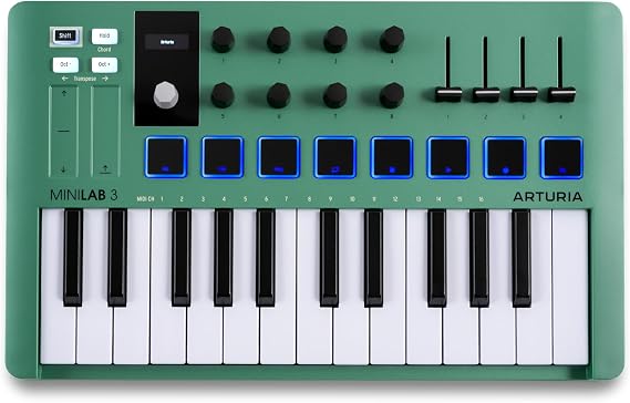 Arturia MiniLab 3 Limited Edition Mint Green 25 Key USB MIDI Keyboard Controller With 8 Multi-Color Drum Pads, 8 Knobs and Music Production Software Included