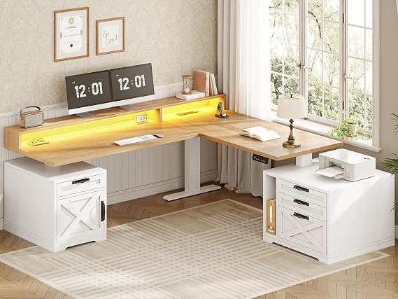 SEDETA Farmhouse L Shaped Standing Desk, 70.1" x 73.2" Height Adjustable Home Office Executive Desk with Drawers, Power Outlet, Monitor Stand, Sit Stand Table with Led Lights for Home Office, Oak