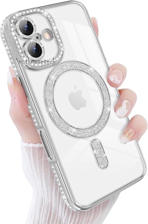 CONSTRAIN - Apple iPhone 17 İçin Simli Taşlı Kamera Korumalı Arkası Şeffaf MagSafe İle Uyumlu Parlak Kılıf - Gümüş
