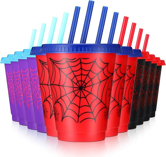 12 Pcs 16 oz Spider Cups Bulk with 3 Styles, Spider Birthday Party Favors Cups with Lids and Straws, Plastic Cup for Birthday Party Decorations, Birthday Party Favor Supplies for Friends