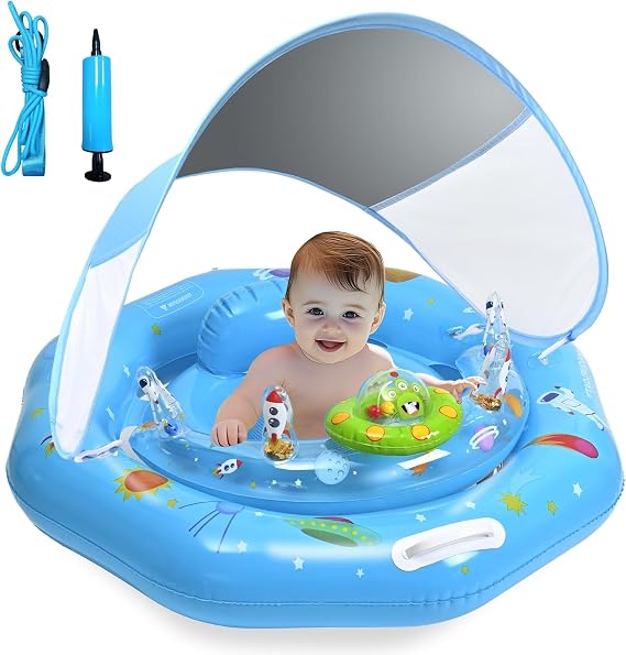 Baby Pool Float with Canopy, Inflatable Baby Swim Float with UPF50+ Sun Protection, Infant Pool Float with Toy Play Console,Safety Handles & Leashes,Adjustable Safety Seat For Toddler Aged 6-36 Months