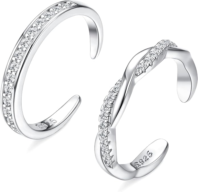 FIASASO 2 Pcs Sterling Silver Toe Rings for Women Adjustable Band Toe Rings Summer Beach Open Toe Ring Foot Jewelry Set