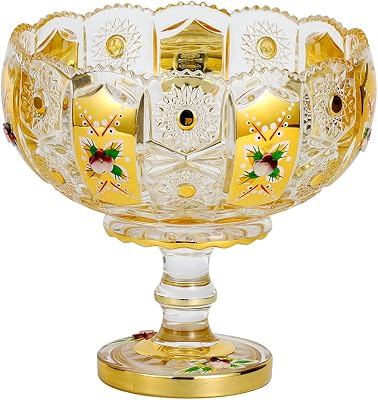 G 47.3 oz Gold Decorative Crystal Fruit Bowl Centerpiece with Gold Accents, Stemmed Design
